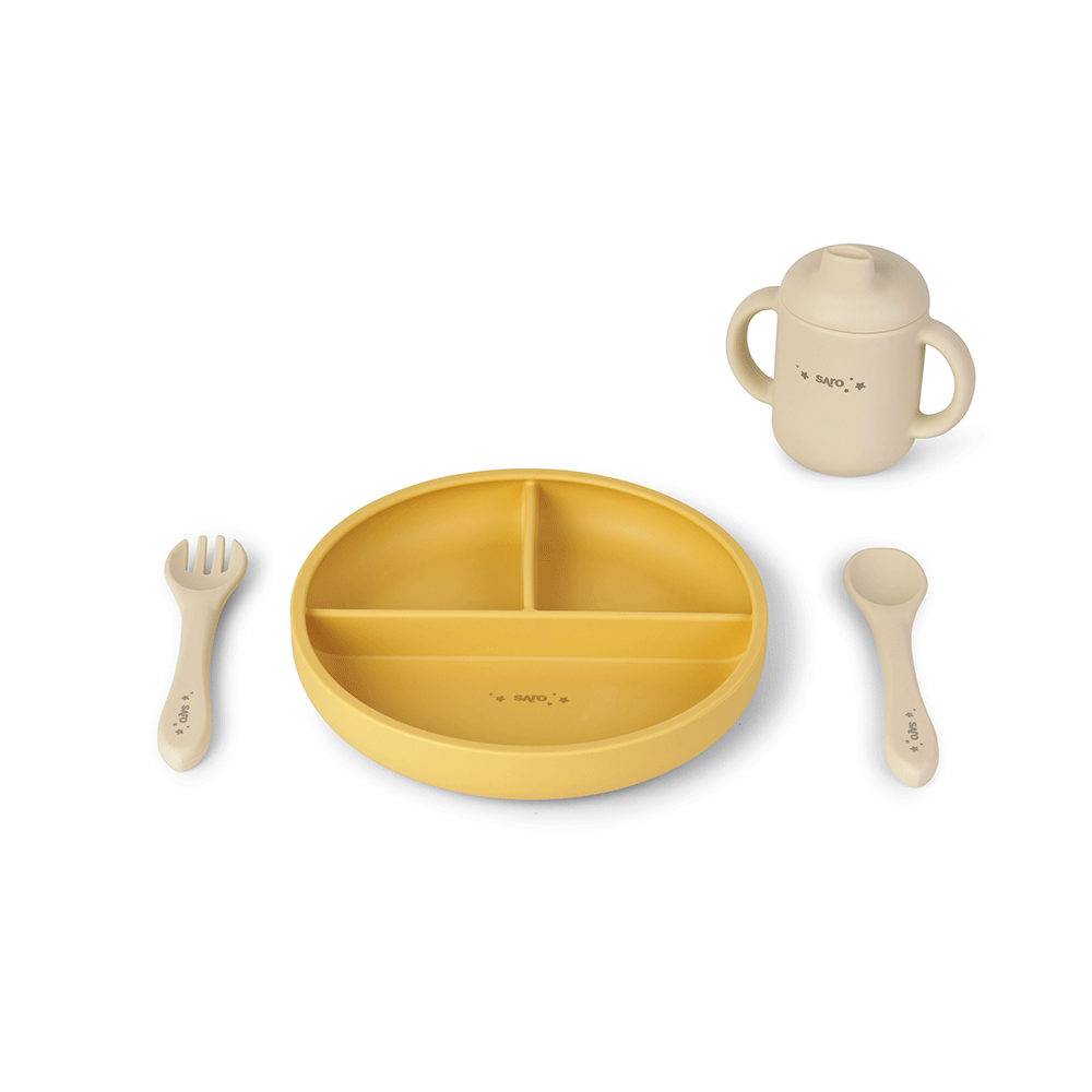Set diversificare bebeluE i, silicon alimentar premium, 4 piese ,   farfurie sectionata, lingurita, furculita, cana ,    , œFood  Fun,   Mustard