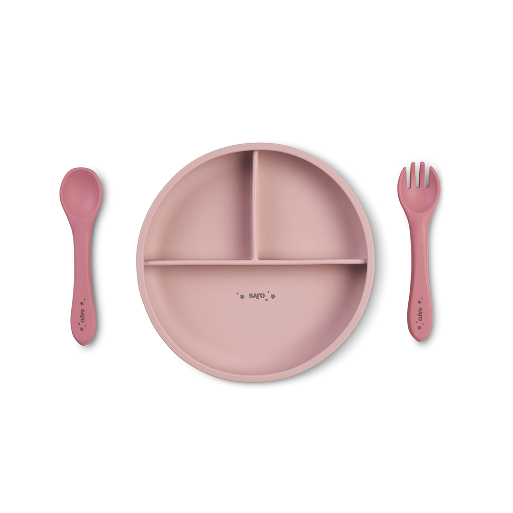 Set diversificare bebeluE i, silicon alimentar premium, 4 piese ,   farfurie sectionata, lingurita, furculita, cana ,    , œFood  Fun,   Pink