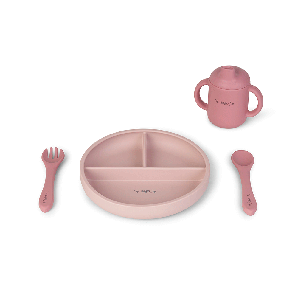 Set diversificare bebeluE i, silicon alimentar premium, 4 piese ,   farfurie sectionata, lingurita, furculita, cana ,    , œFood  Fun,   Pink