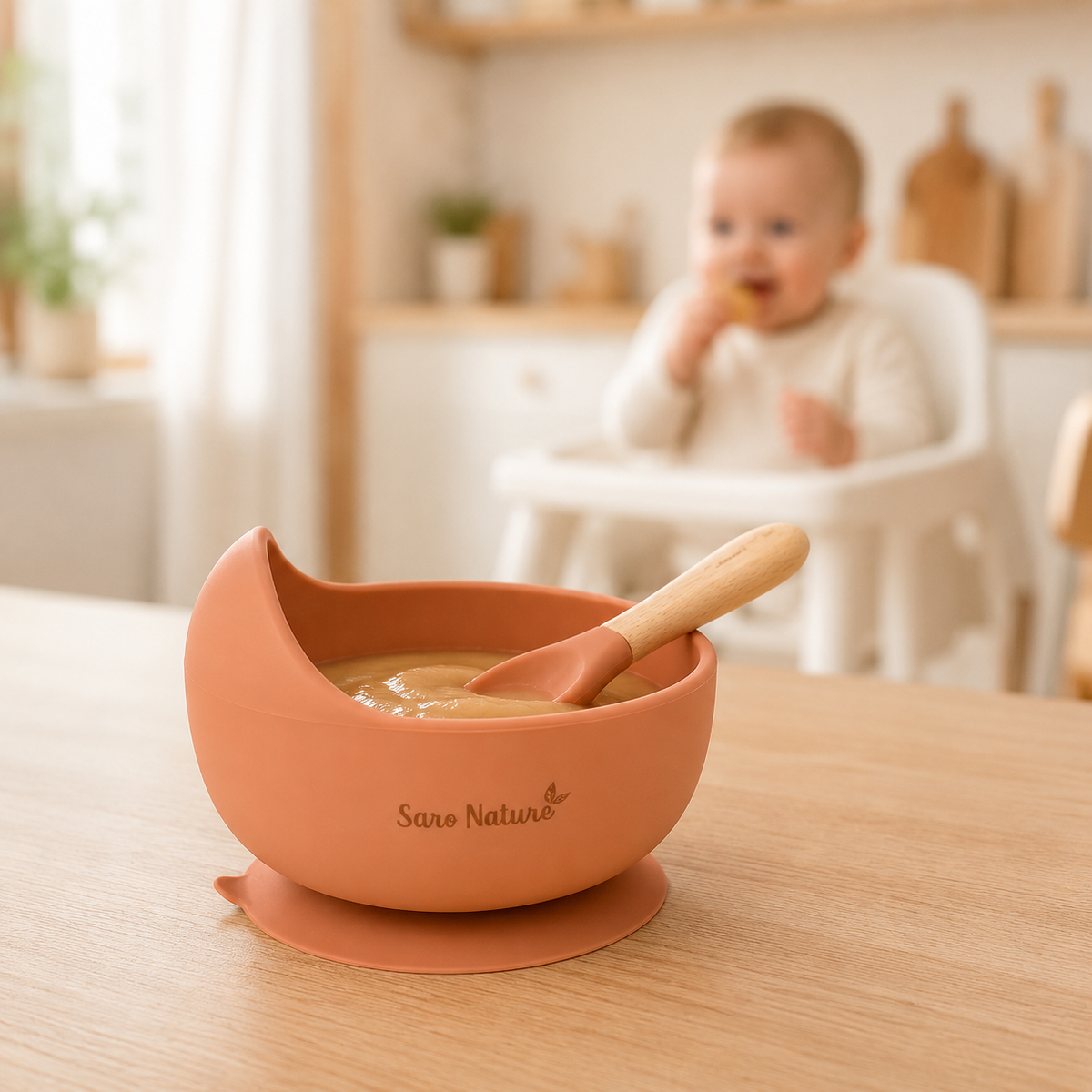 Set Hranire Saro , zNordic Wave   Copper ,   Bol Silicon 250ml cu Ventuza + Lingura Silicon E i Lemn de Fag   BLW 6M+