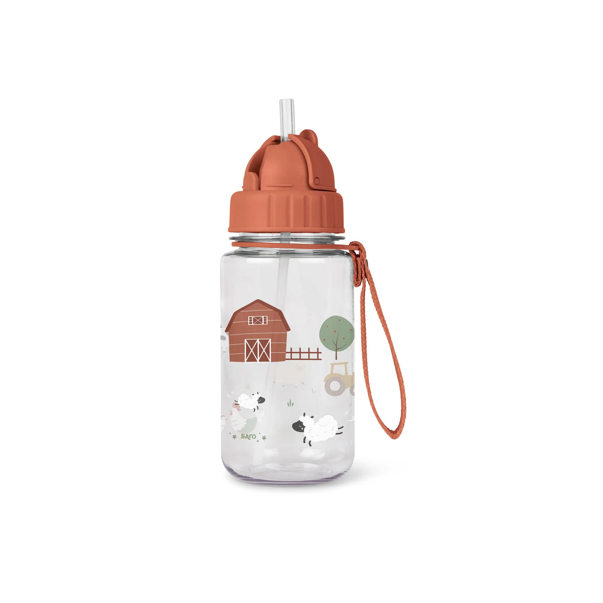 Sticla de Apa pentru Copii Saro Funny Farm 400 ml, cu Pai Silicon Retractabil Anti-Picurare, din Tritan, Fara BPA