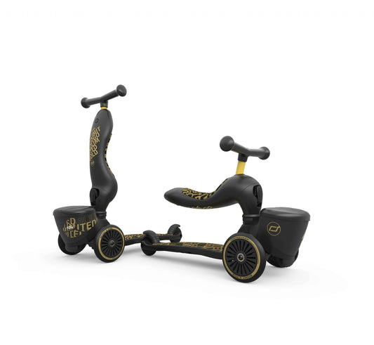 Trotineta copii cu sezut, suport jucarie, transformabila 2in1, HighwayKick 1 Lifestyle Black Gold Limited, 1-5 ani, pana la 50 kg, Scoot  Ride