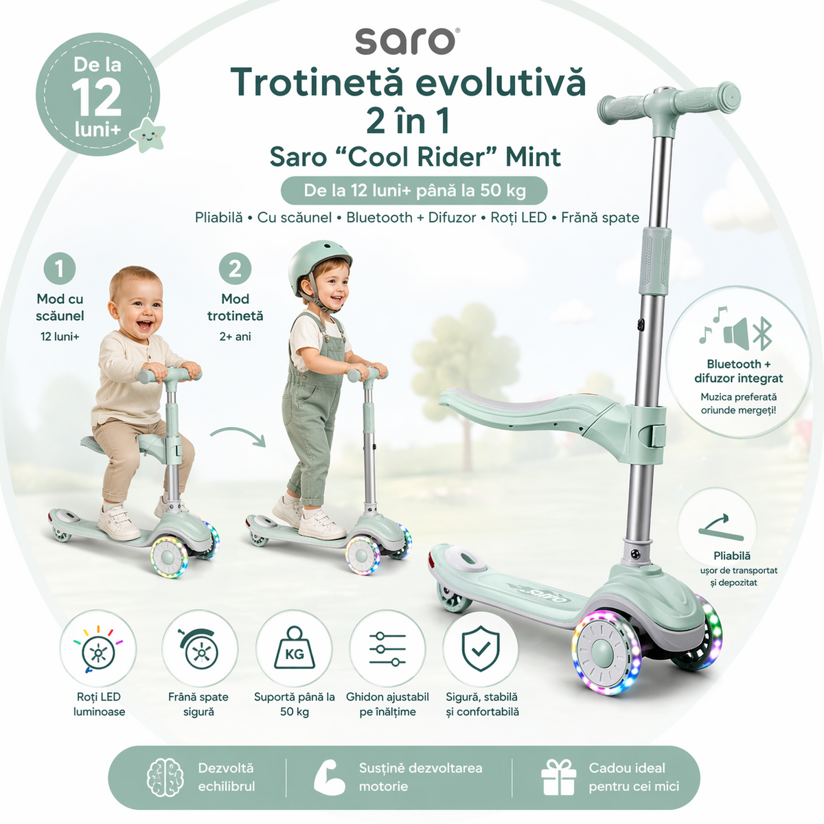 Trotineta evolutiva 2 A n 1 Saro , œCool Rider,   Mint, 12 luni+, pliabila, cu scaunel, Bluetooth + difuzor, roti LED, frana spate, max. 50 kg