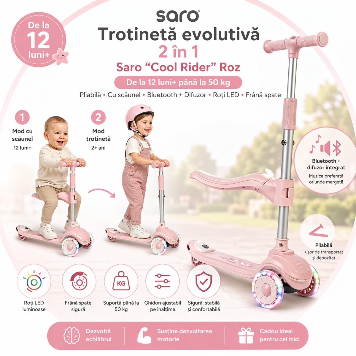 Trotineta evolutiva 2 A n 1 Saro , œCool Rider,   Pink, 12 luni+, pliabila, cu scaunel, Bluetooth + difuzor, roti LED, frana spate, max. 50 kg
